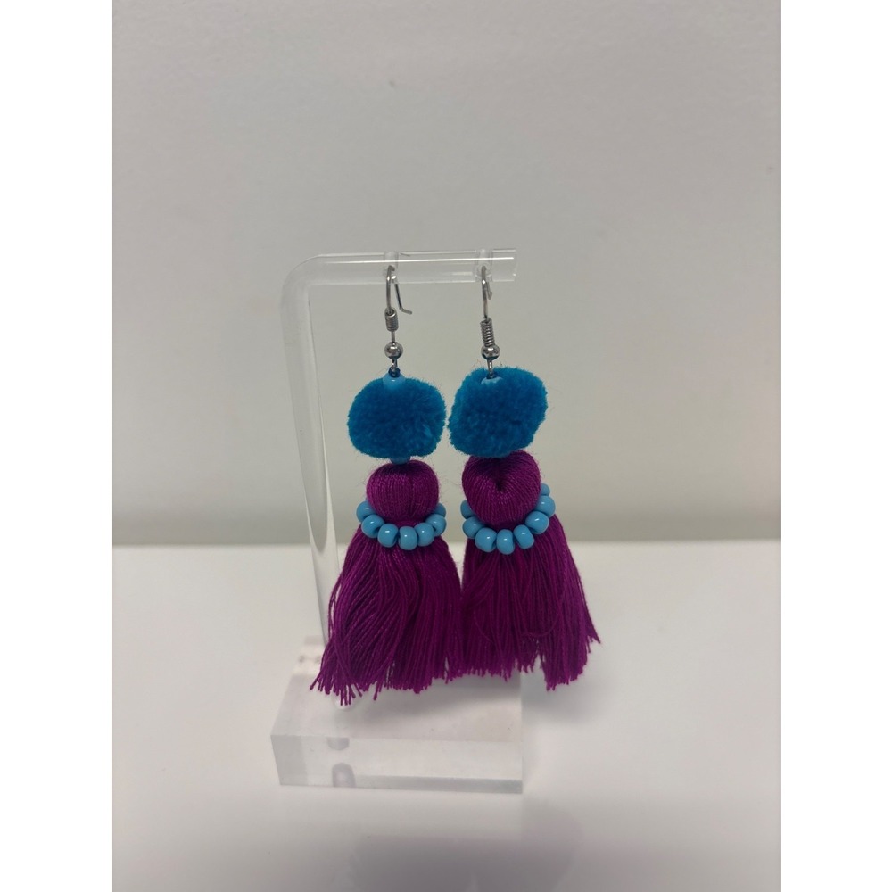 New look duster fringe beaded‎  blue puff ball long seed bead earrings